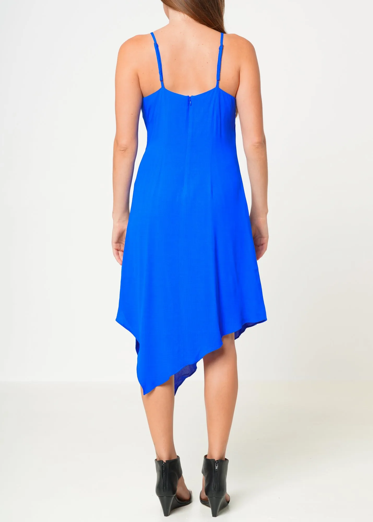 Women's Solid Asymmetrical Hem V-neck Dress in Blue