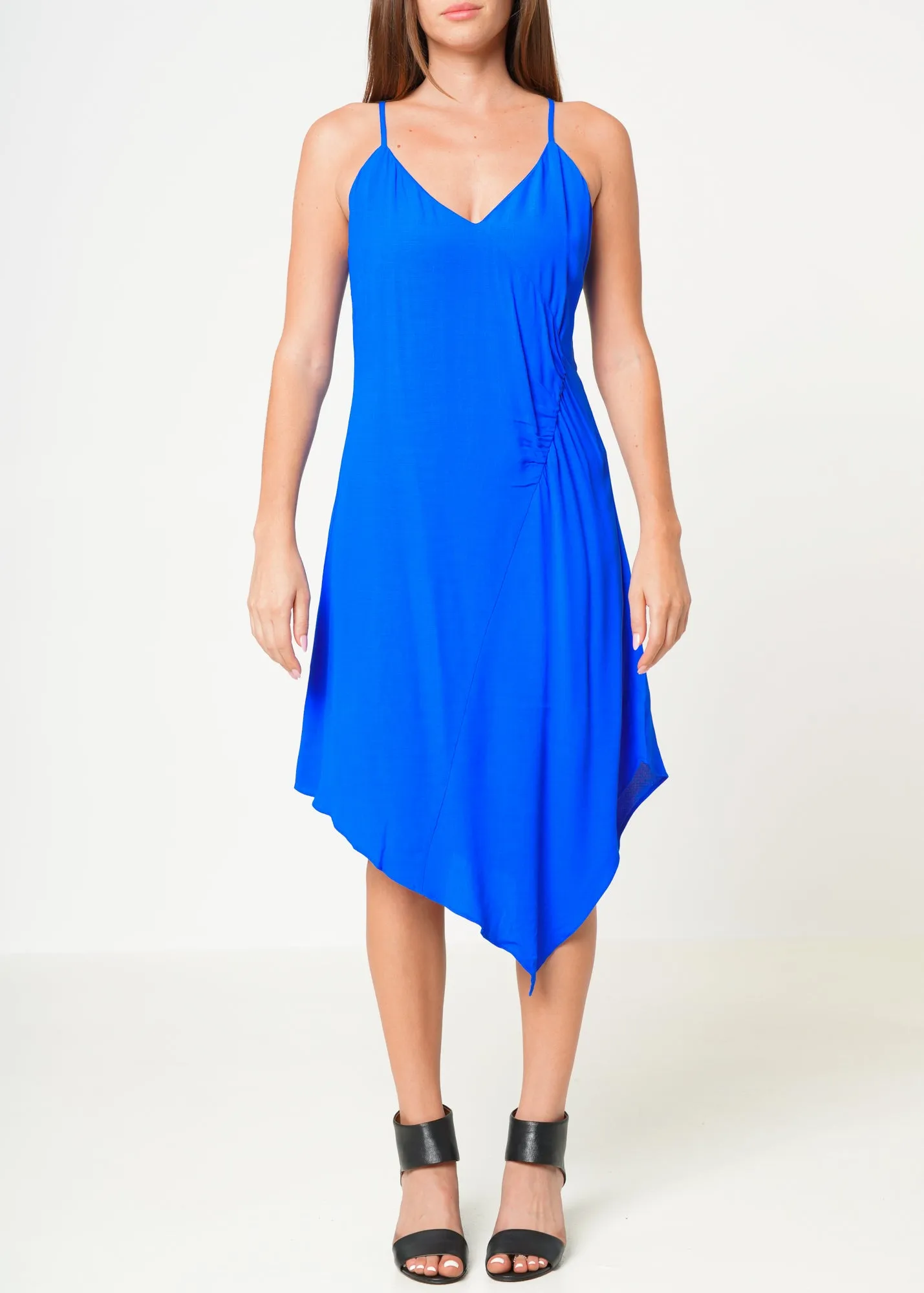 Women's Solid Asymmetrical Hem V-neck Dress in Blue