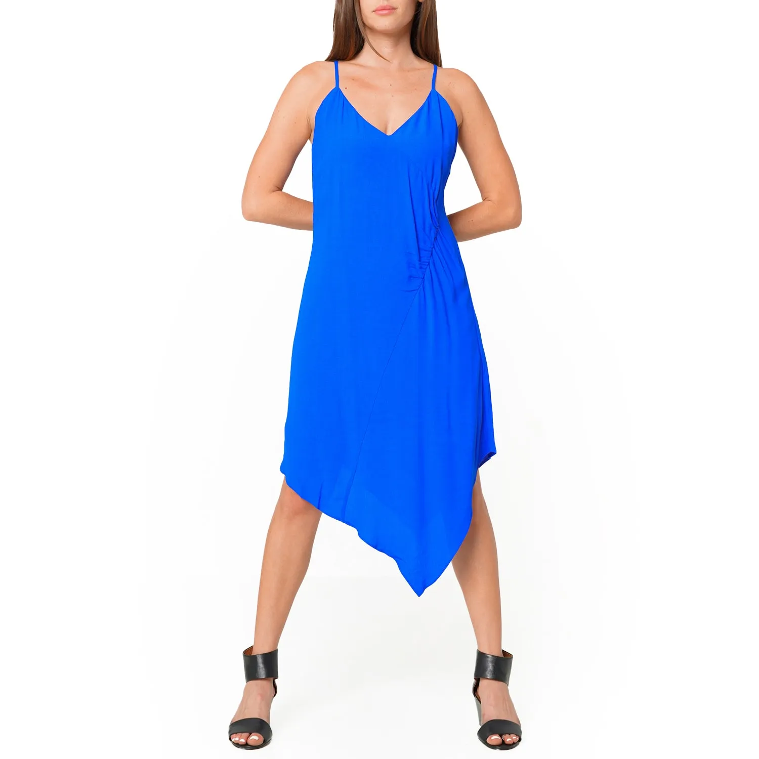 Women's Solid Asymmetrical Hem V-neck Dress in Blue