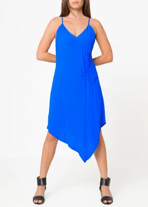 Women's Solid Asymmetrical Hem V-neck Dress in Blue