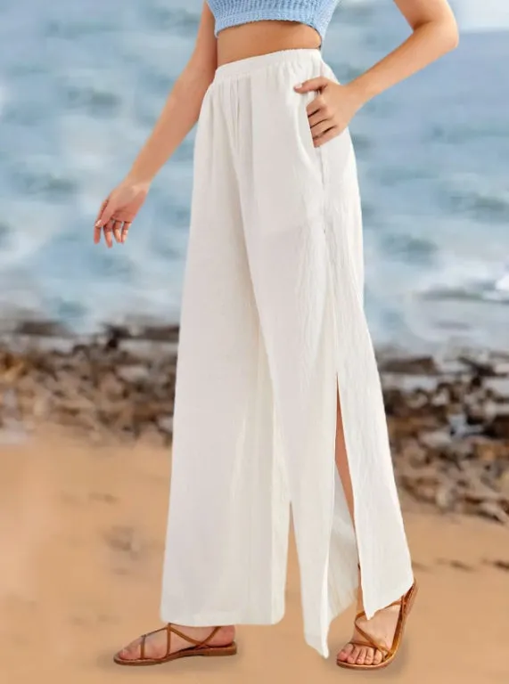 Women's Solid Color Transparent Yarn Slit Fashionable Loose Pants
