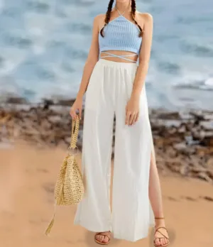 Women's Solid Color Transparent Yarn Slit Fashionable Loose Pants