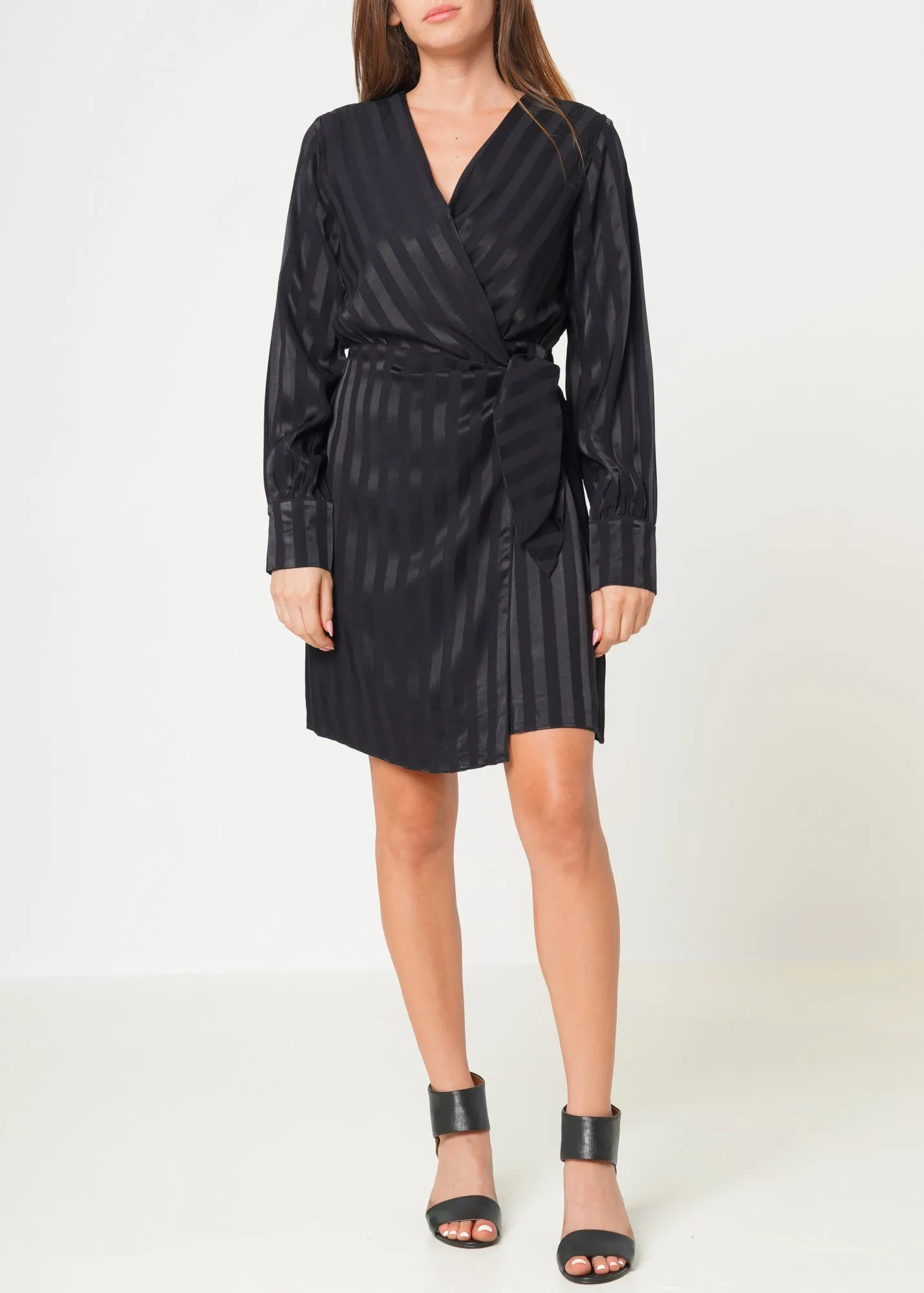 Women's Stripe Satin Long Sleeve Mini Dress in Black
