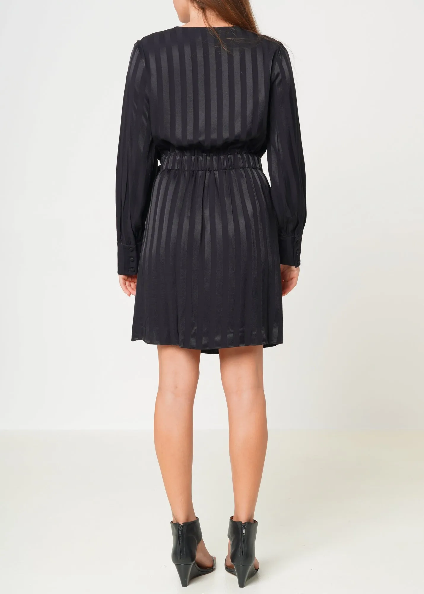 Women's Stripe Satin Long Sleeve Mini Dress in Black
