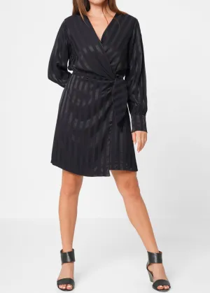 Women's Stripe Satin Long Sleeve Mini Dress in Black