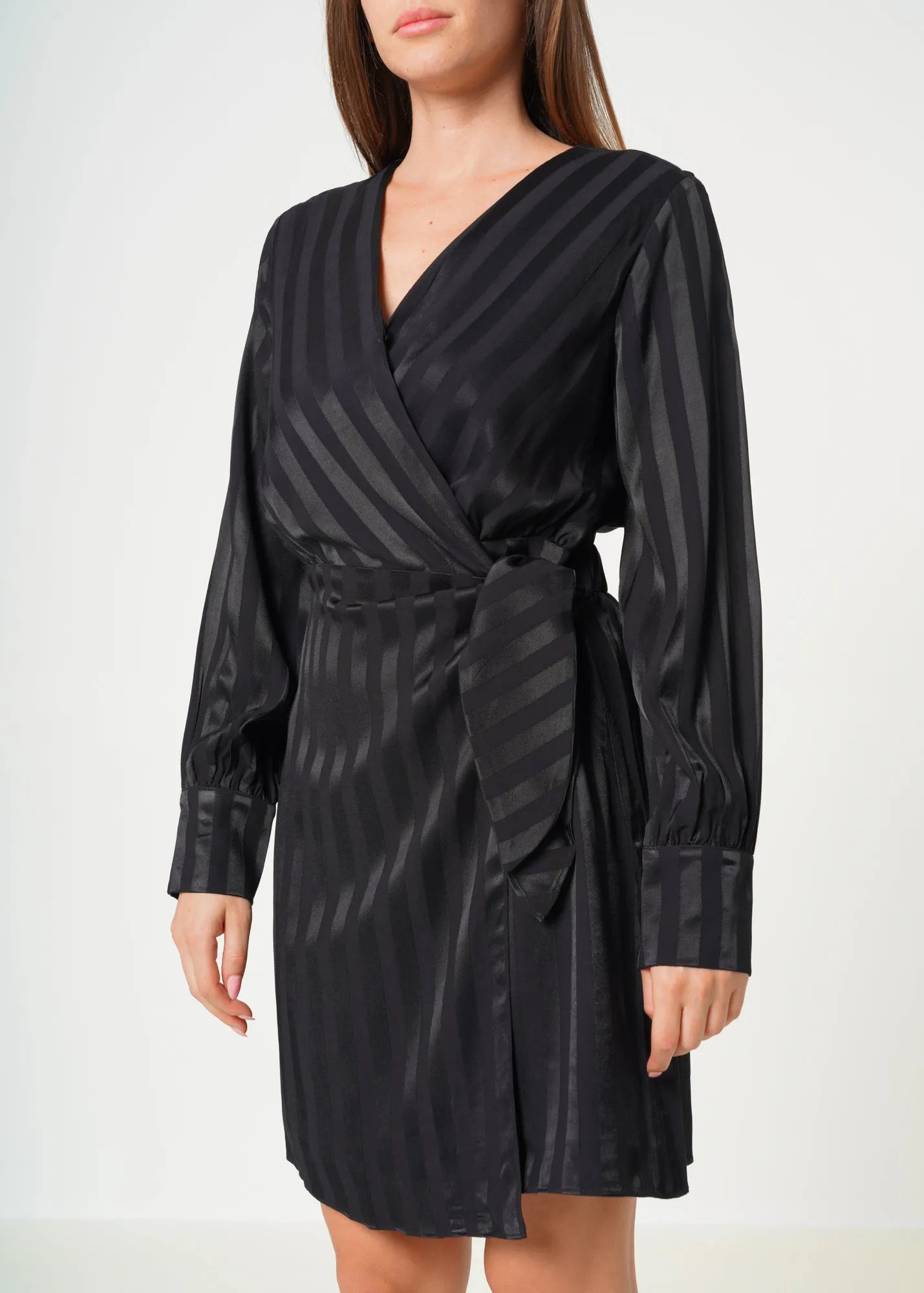 Women's Stripe Satin Long Sleeve Mini Dress in Black