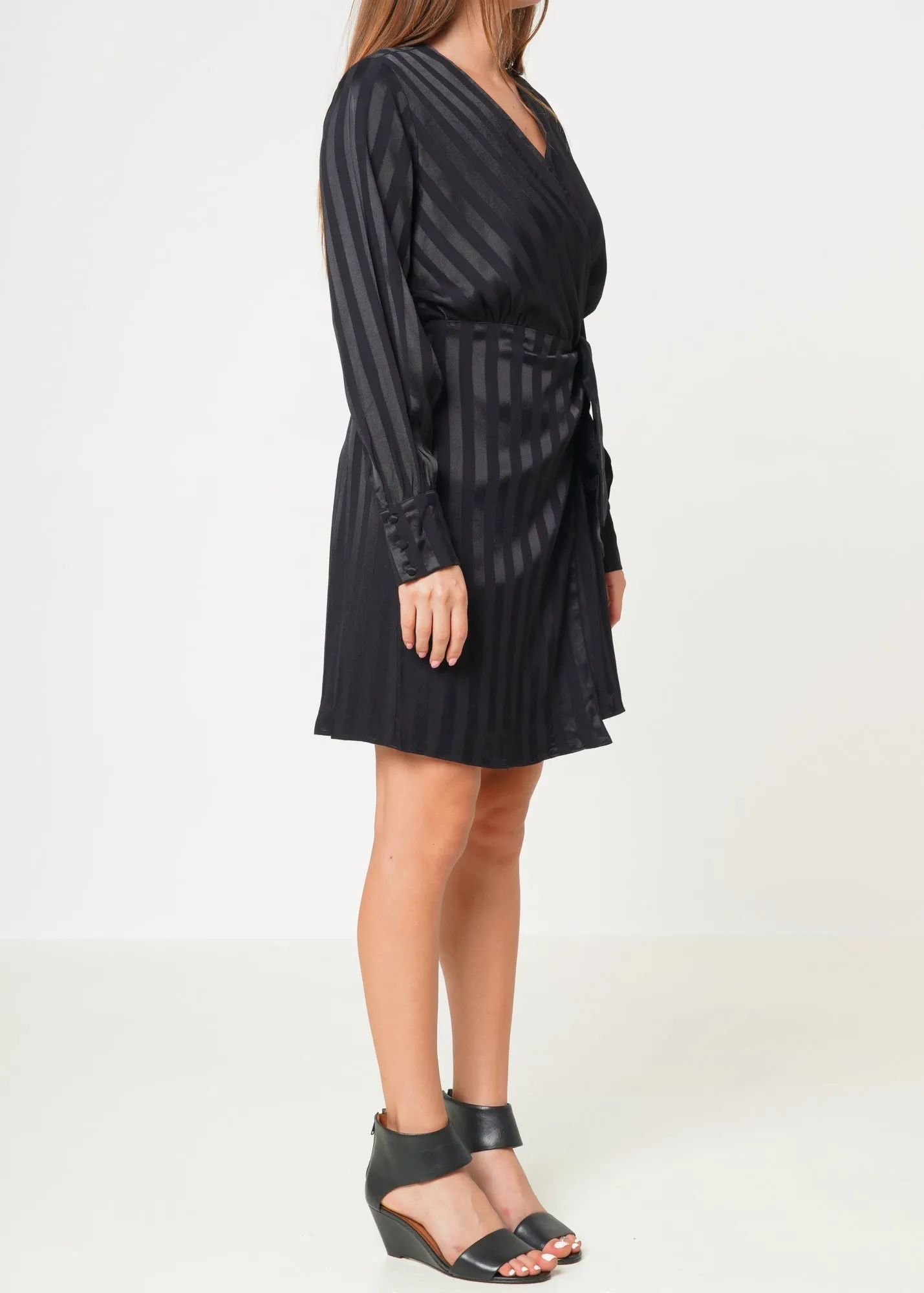 Women's Stripe Satin Long Sleeve Mini Dress in Black