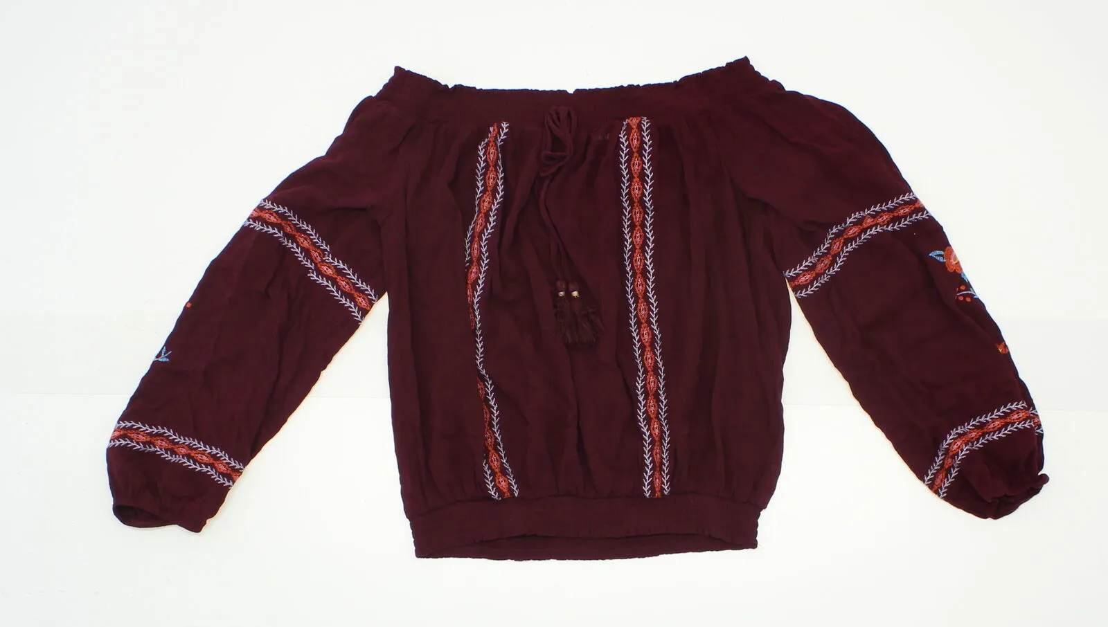 Xhilaration Women's Off the Shoulder Embroidered Peasant Top Berry Large