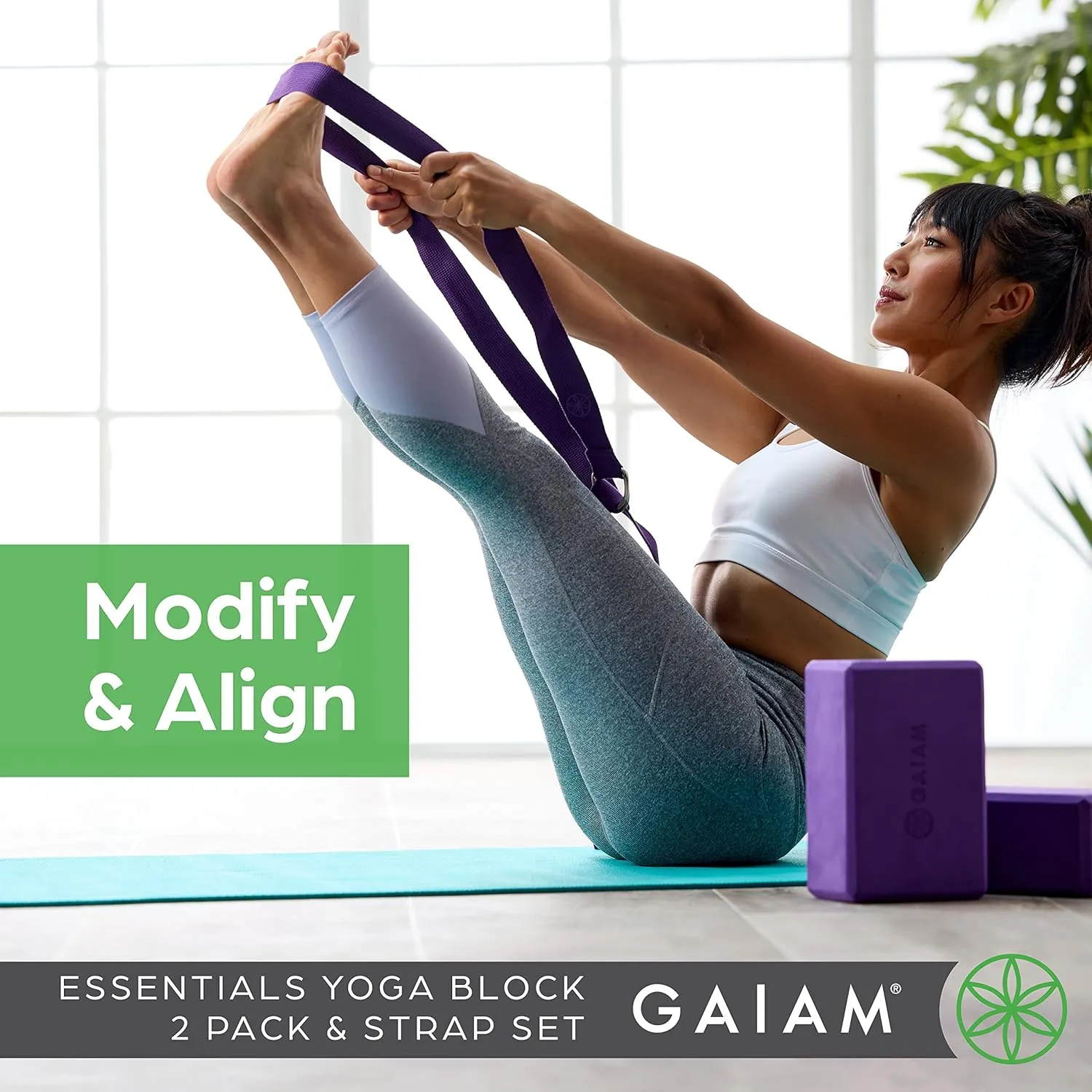 Yoga Block with Strap, Pilates & Yoga Props to Help Extend & Deepen Stretches