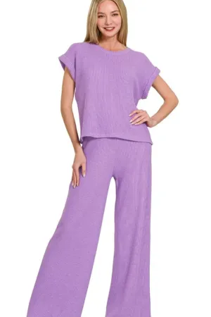 Zenana Rolled Sleeve Top and Pants Sweater Set