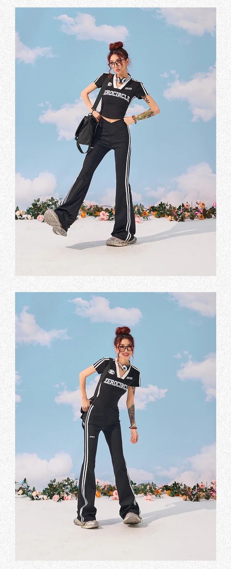 Zerocircle Solid Color Black Side Stripes High V-Waist Slim Micro Flare Yoga Pants