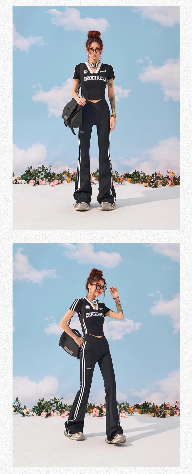 Zerocircle Solid Color Black Side Stripes High V-Waist Slim Micro Flare Yoga Pants