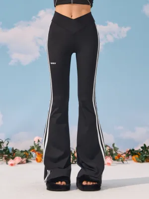 Zerocircle Solid Color Black Side Stripes High V-Waist Slim Micro Flare Yoga Pants